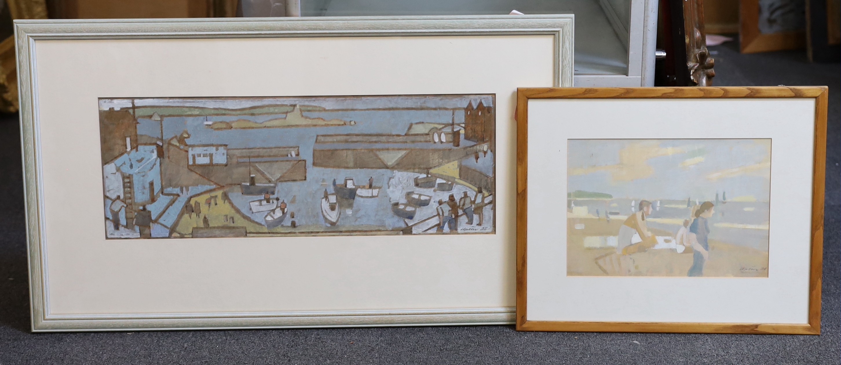 Michael Upton (1938-2002), Figures overlooking a harbour, watercolour on brown paper